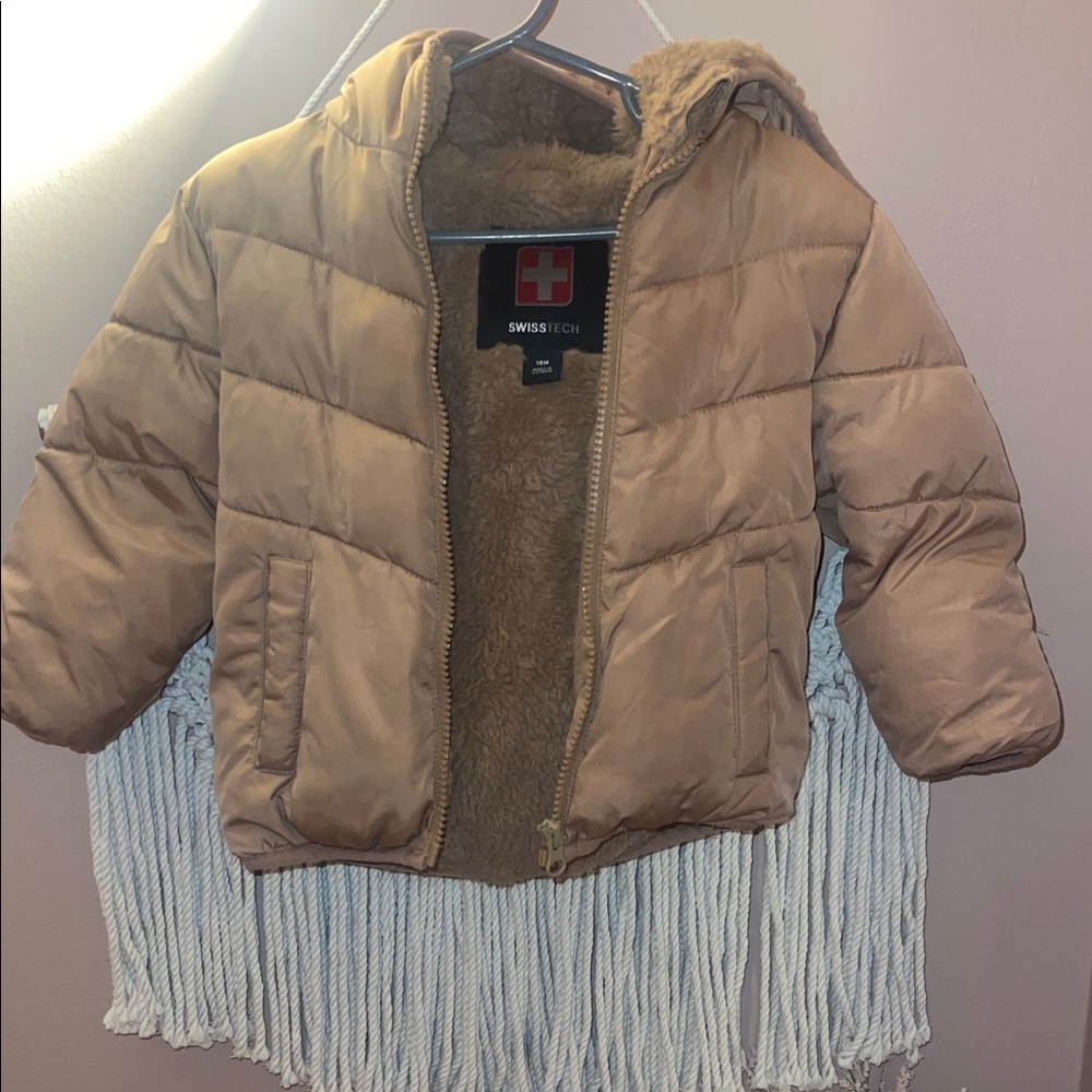 Swiss Tech Brown Puffer Jacket with Faux Fur